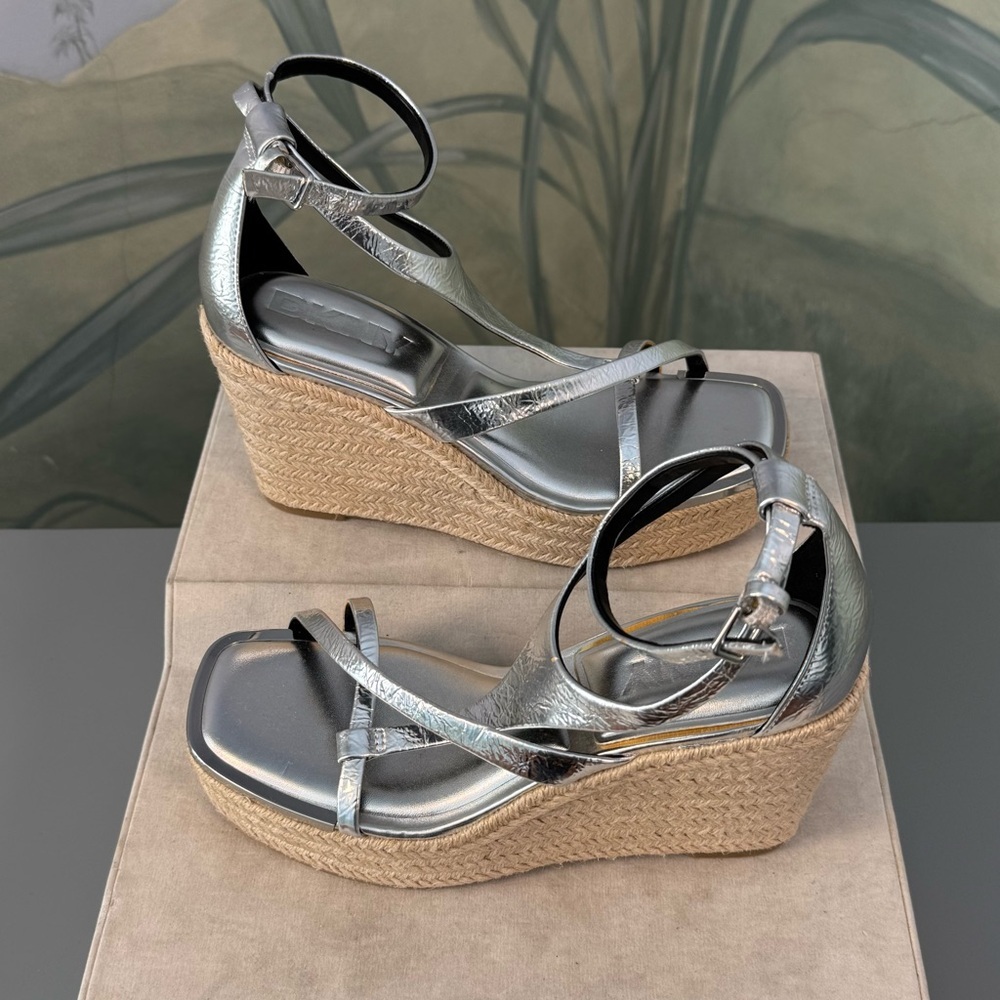 DKNY Metallic Silver Espadrille Wedge Sandals, size 6, NWOT - Picture 2 of 10